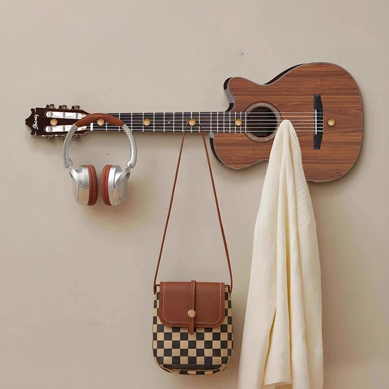 porte manteau guitare bois naturel classique sac casque vêtements disque son doré
