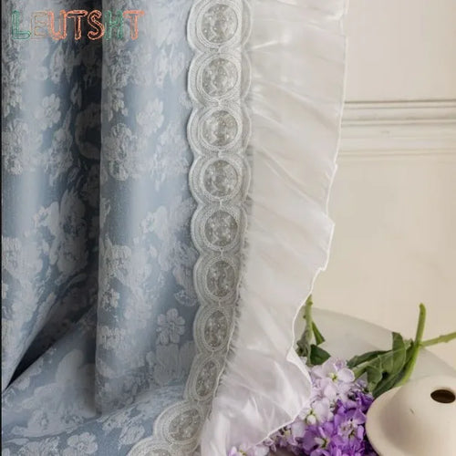 rideau bleu clair gris fleuri brodé tissu épais moderne salon chambre décoration maison