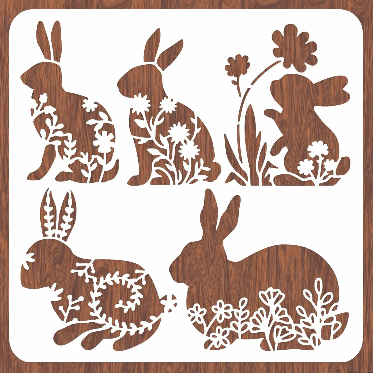 Stencil mural artisanal lapins fleurs texture bois blanc brun clair decoration murale peinture main