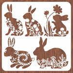 Stencil mural artisanal lapins fleurs texture bois blanc brun clair decoration murale peinture main