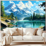 Toile d'art paysage montagneux lac arbres bleu vert blancDecoration intérieure moderne realiste