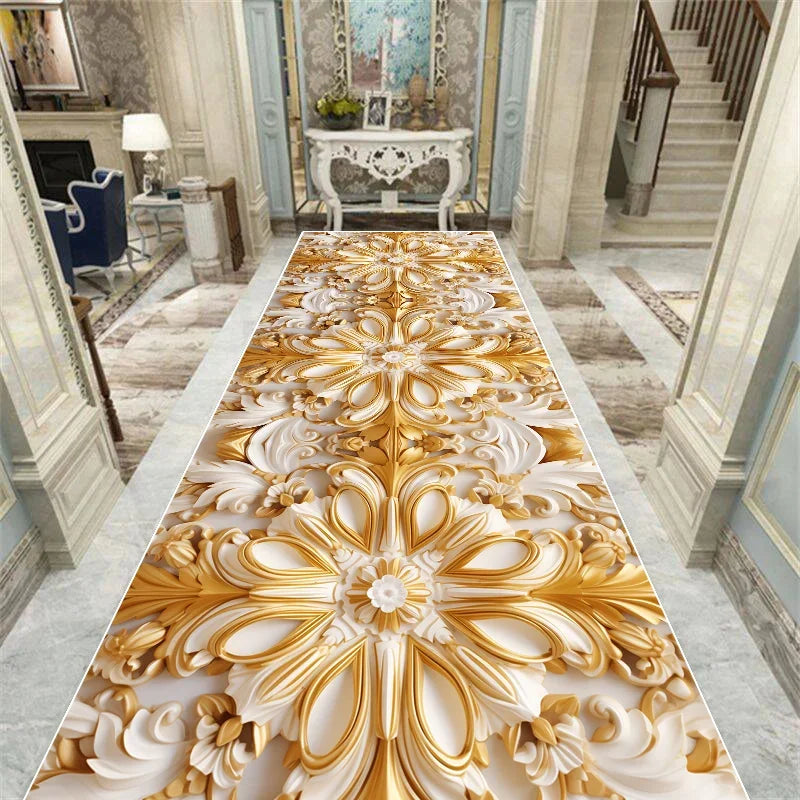 Un élégant parquet doré et orné de motifs floraux sophistiqués, dans un magnifique cadre intérieur décoré avec soin.