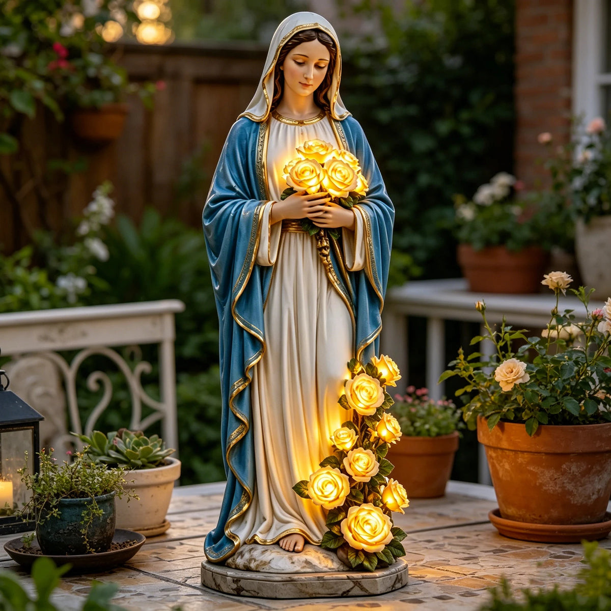 statue vierge marie résine illuminée roses blanc bleu doré extérieur intérieur religieuse classique