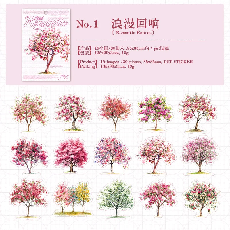 sticker illustration arbres divers couleurs feuillage adhésif album photo créatif vert rose blanc