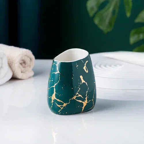 ensemble salle bain moderne marbre doré blanc distributeur savon porte brosse dents tasses plateaux