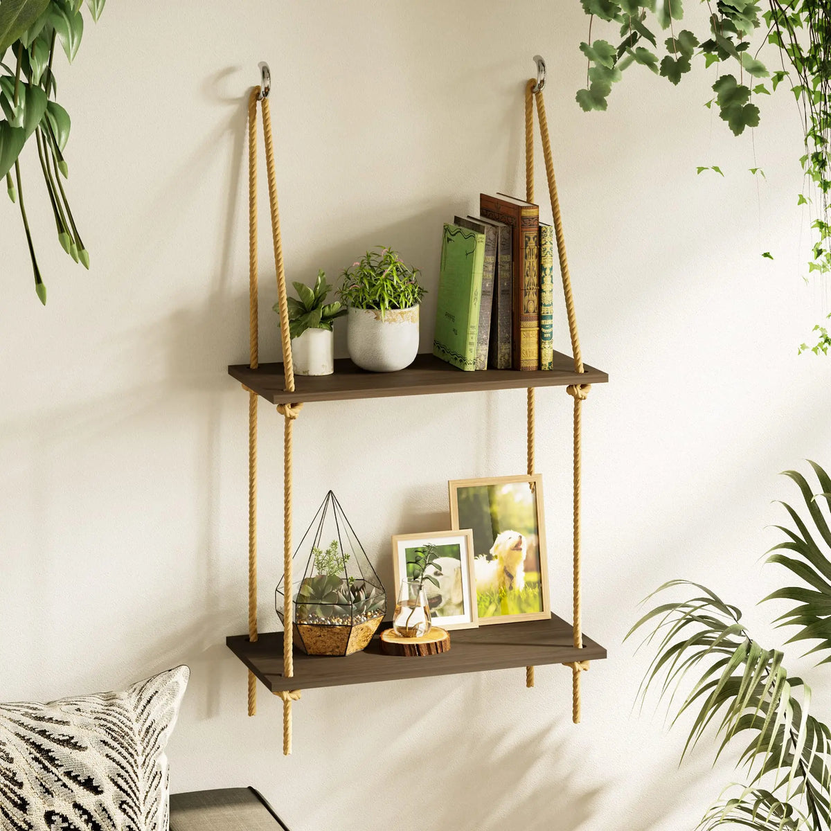 étagère murale suspendue bois marron corde tressée bohème moderne rangement plantes livres photo