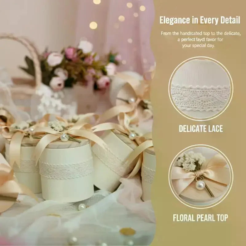 boîtes cadeaux mariage dentelle rubans satinés fleurs séchées nacrées élégantes romantiques blanc crème rose