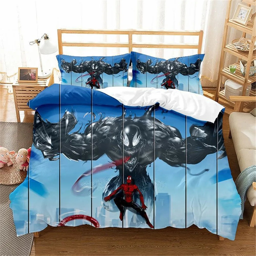 Parure de lit complète avec housse et taies d'oreiller Venom dans une chambre décorée