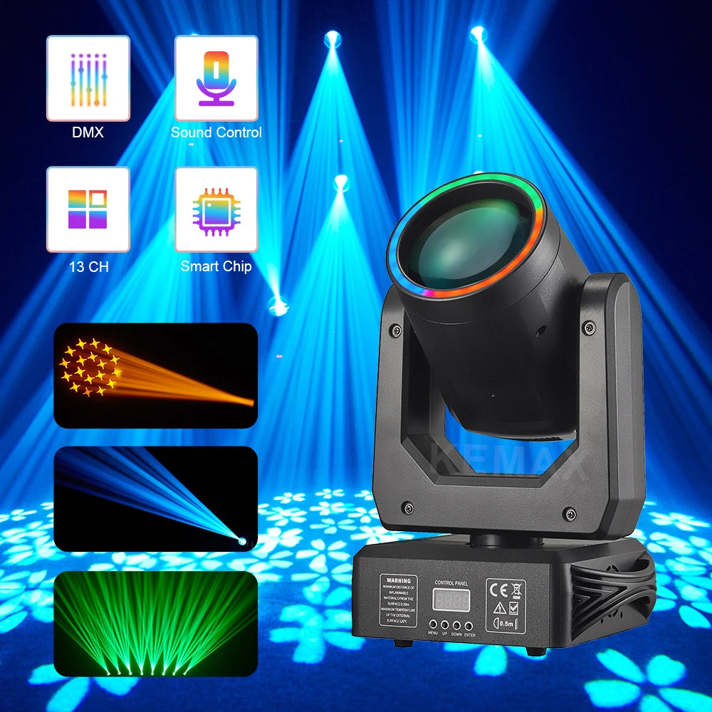 projecteur led mobile 200w 15 gobos 18 prismes couleurs effet dmx disco scène