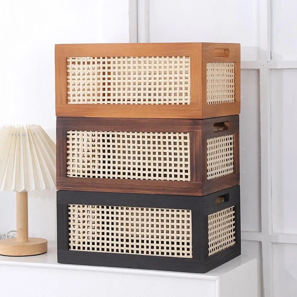 paniers rangement bois tressé brun foncé poignées rangement organisation respectueux environnement