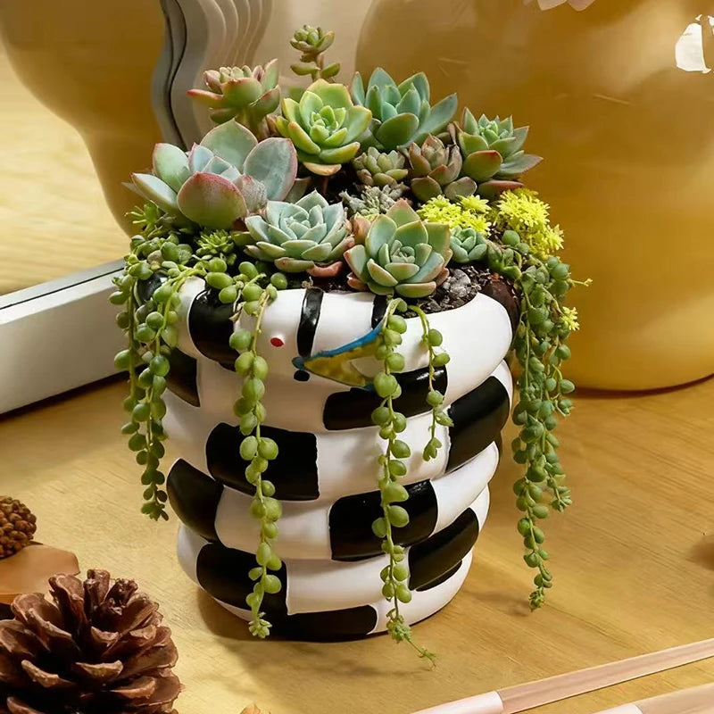 cache pot résine moderne noir blanc rayures plante verte décoration intérieure ornement floral succulente