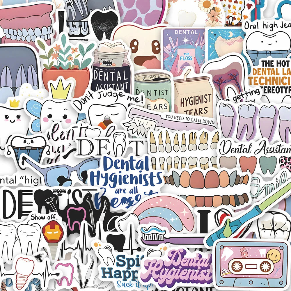 stickers dentaires die cut multicolores motifs dentaires cartoon adhésifs dents instruments dentistes humour professionnels