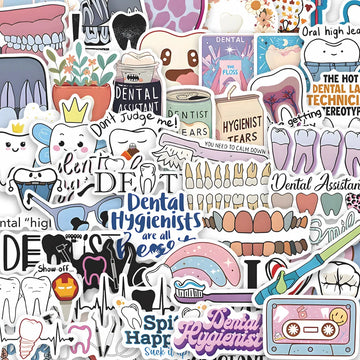 stickers dentaires die cut multicolores motifs dentaires cartoon adhésifs dents instruments dentistes humour professionnels