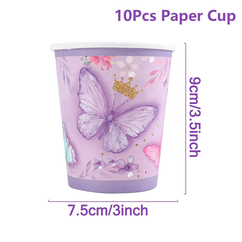 vaisselle jetable fête anniversaire papillons violets roses fleurs couronnes paillettes dorées assiettes tasses serviettes