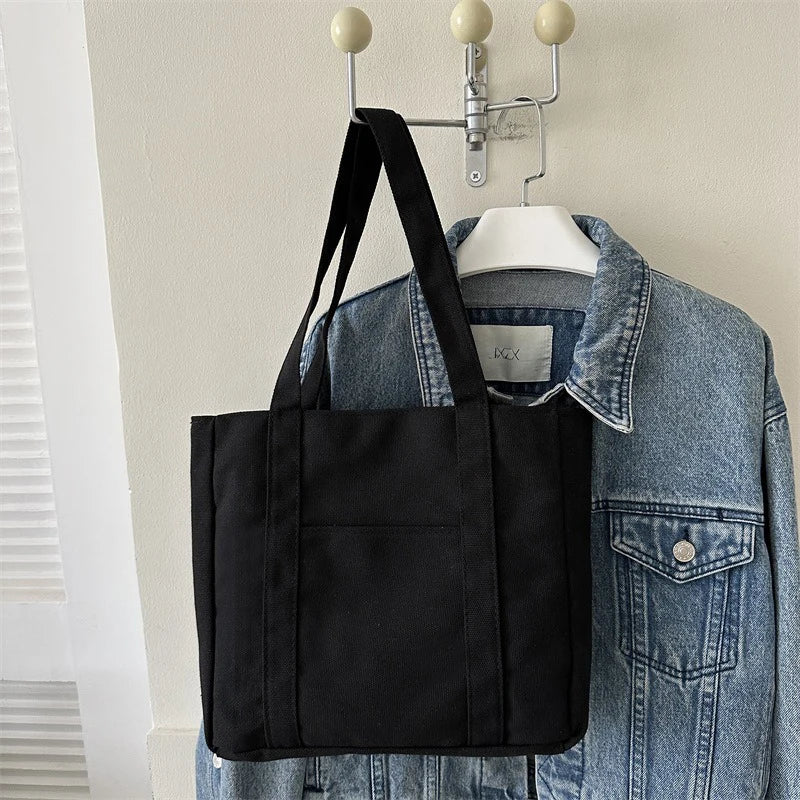 sac main noir beige moderne casual toile uni poche fermeture éclair poignées détachables