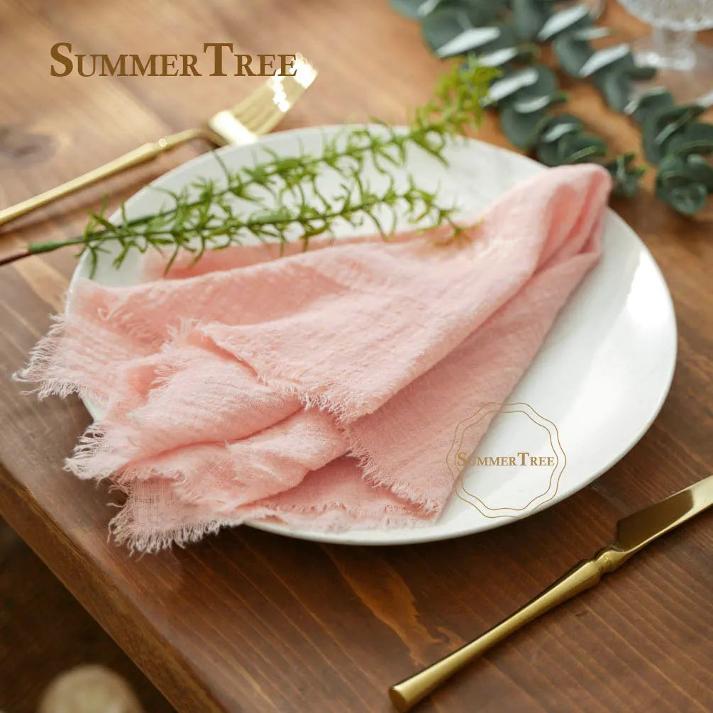 serviette coton beige rose blanc tissage fin bordures frangées rustique naturel