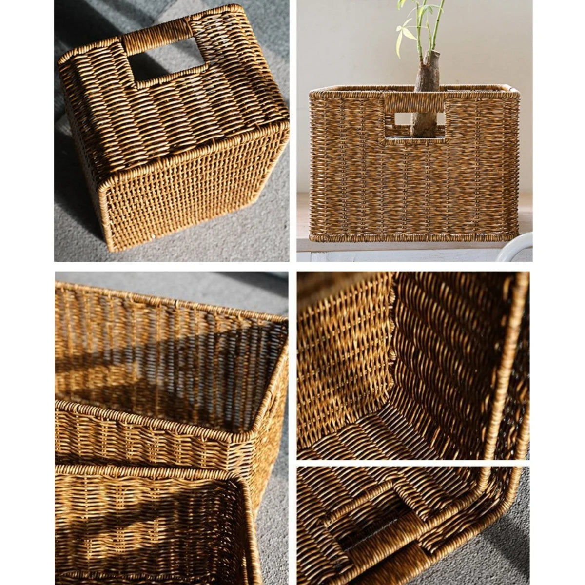 panier tressé marron clair rustique poignées intégrées pliable rangement étagères cuisine réutilisable respectueux environnement
