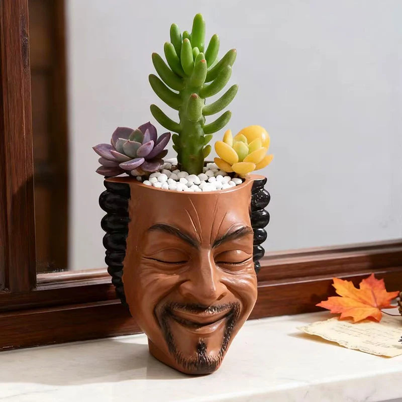 cache pot résine forme masque souriant marron plante verte moderne humoristiqueintérieur décorationextérieur artisanat ornement