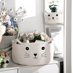 panier tissé rose blanc beiges motifs chats poignées rangement moderne