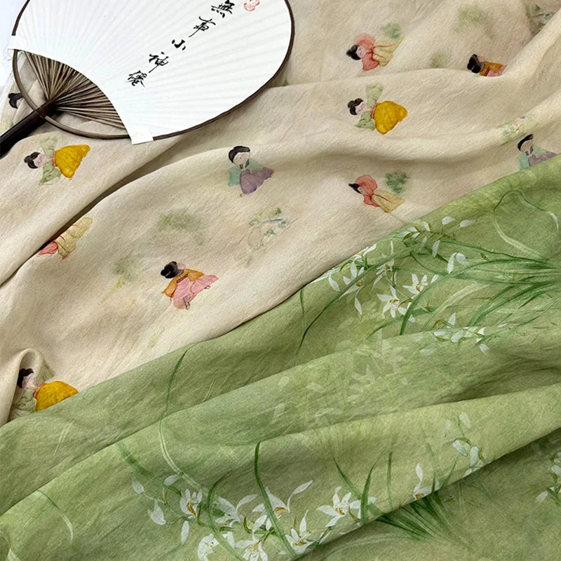 tissu imprimé chinois personnages traditionnels bambous fleurs beige vert bleu rose
