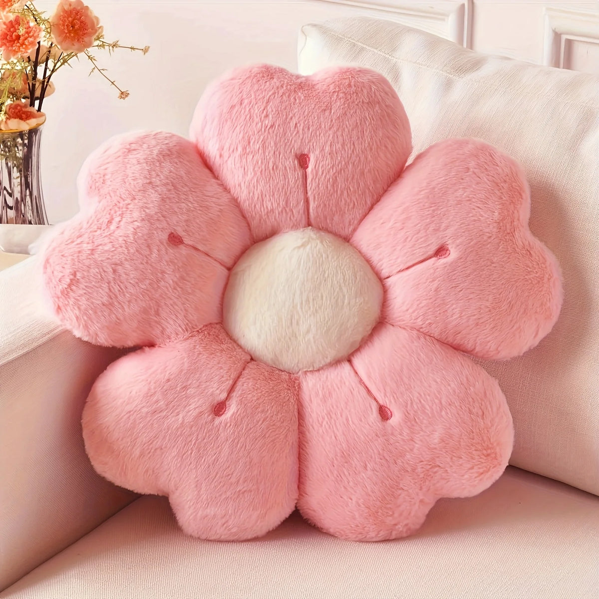 coussin décoratif fleurs arrondies rose blanc moderne doux polyester coton 32cm