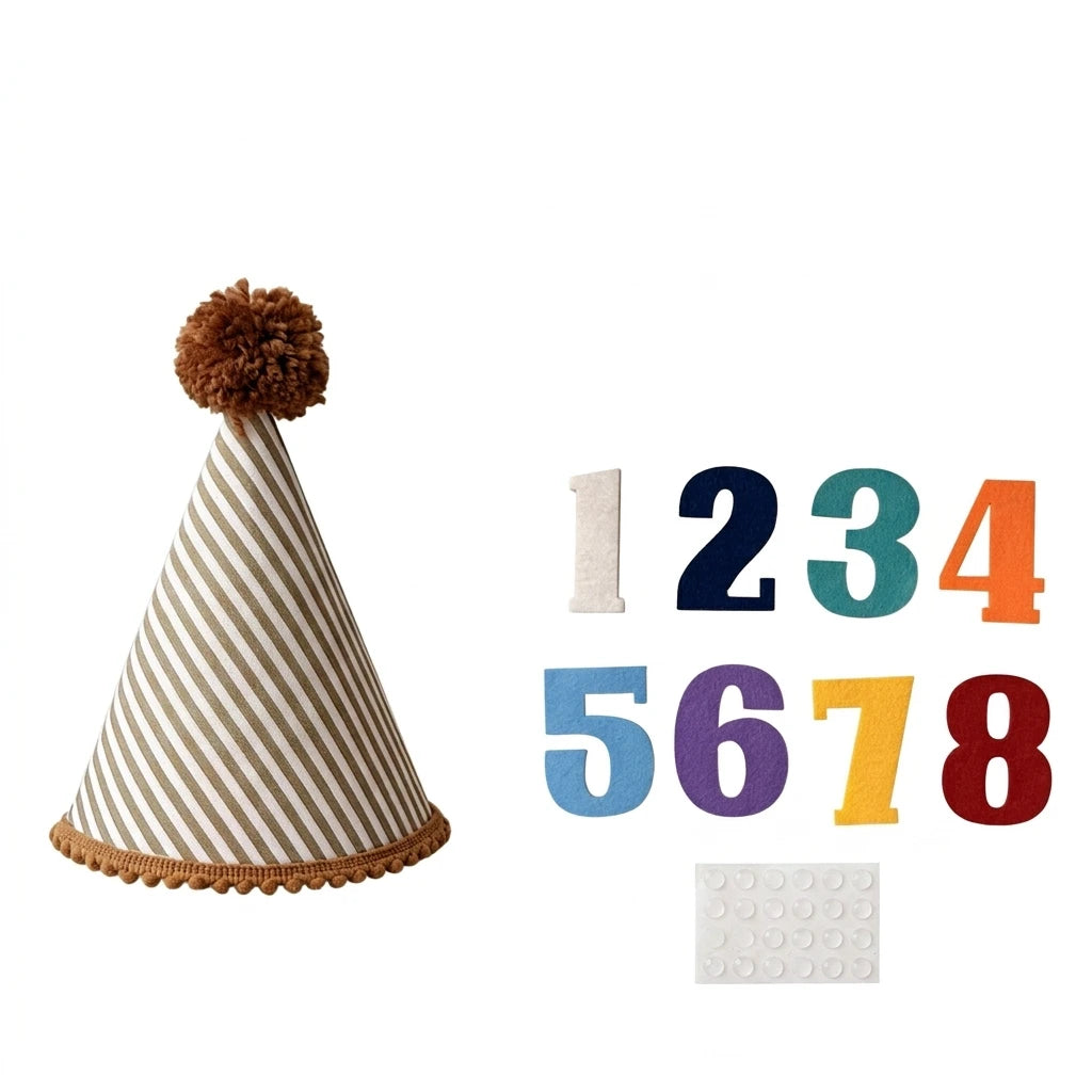 chapeau anniversaire enfant rayures pompon chiffres decoratif festif adhésif blanc marron bleu orange