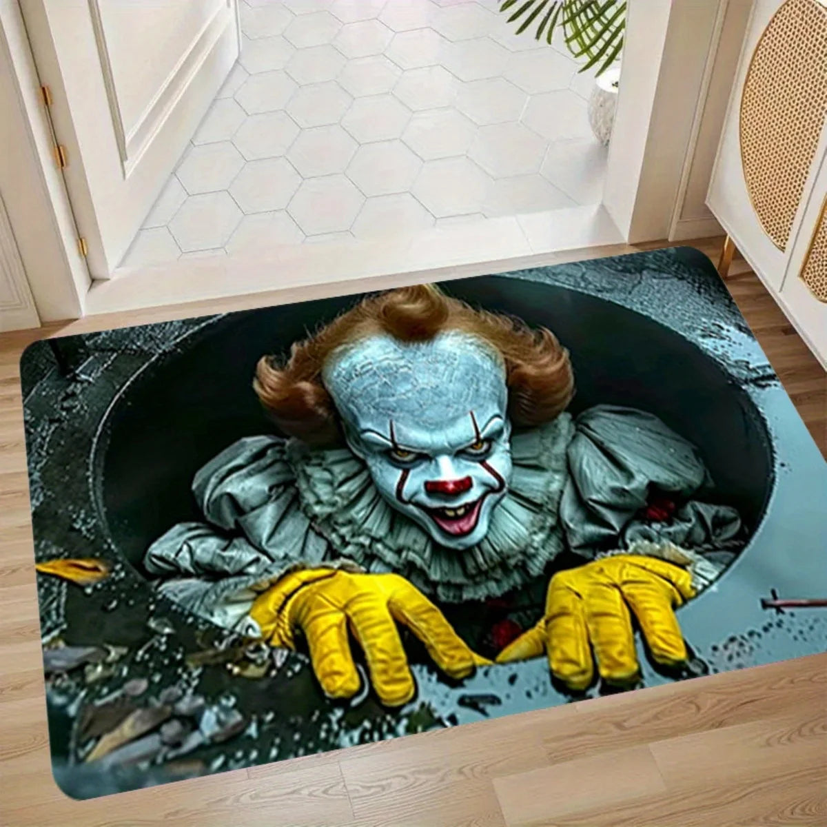 tapis sol extérieur halloween clown mains jaunes bleu gris noir résistant decoration porte chambre