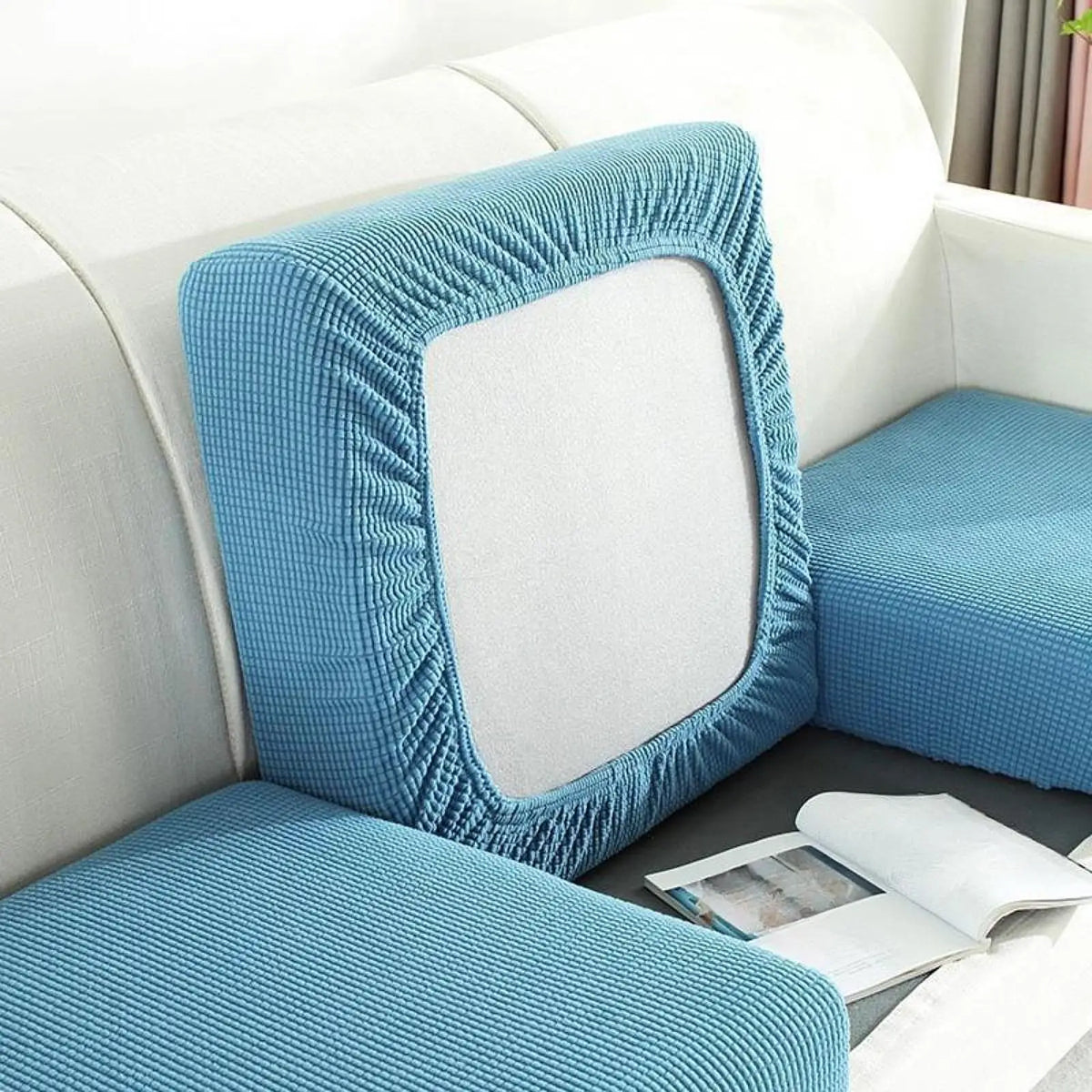 housses canapé extensibles lavables modernes polyester bleu carreaux 70x50cm fixés