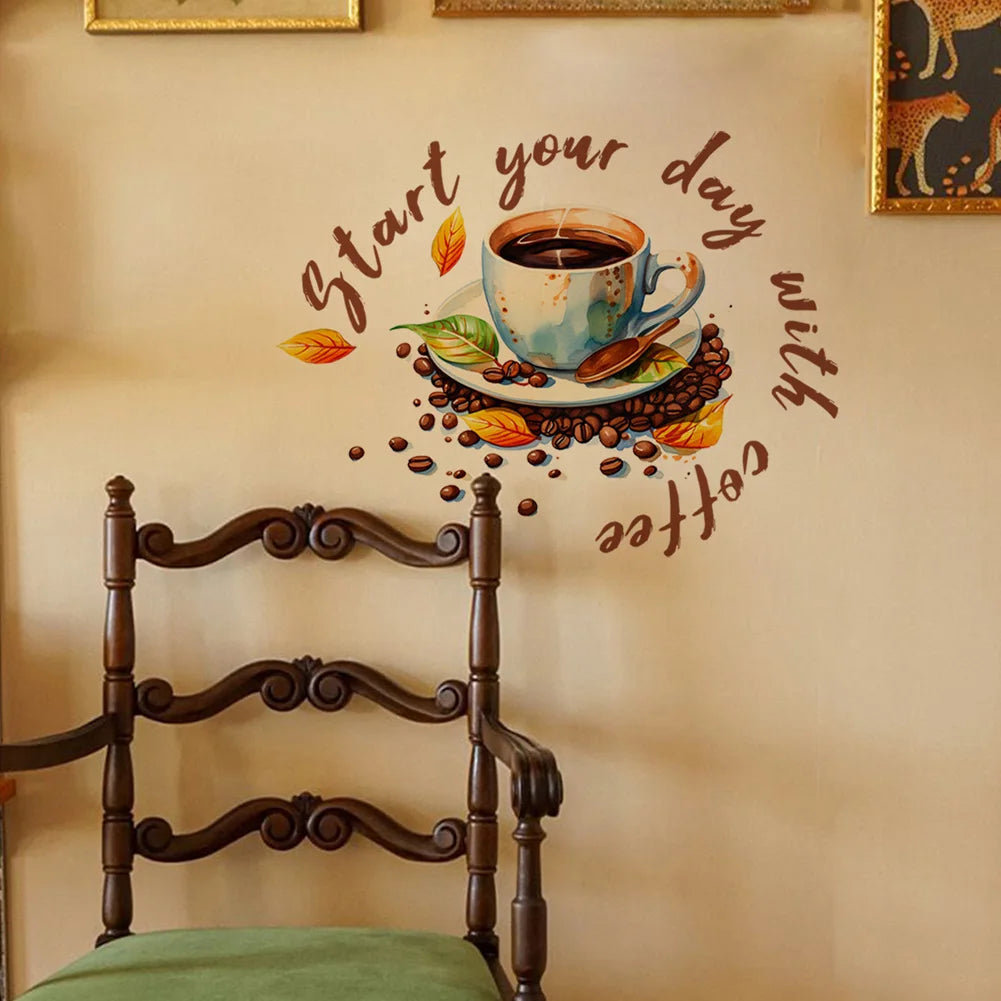 autocollant mural moderne tasse grains feuilles décoration murale adhésif opaque couleur marron beige vert