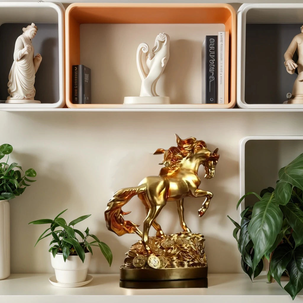 statue cheval cavalier or pieces decoratives classique art équestre maison salon decoration bronze metallic