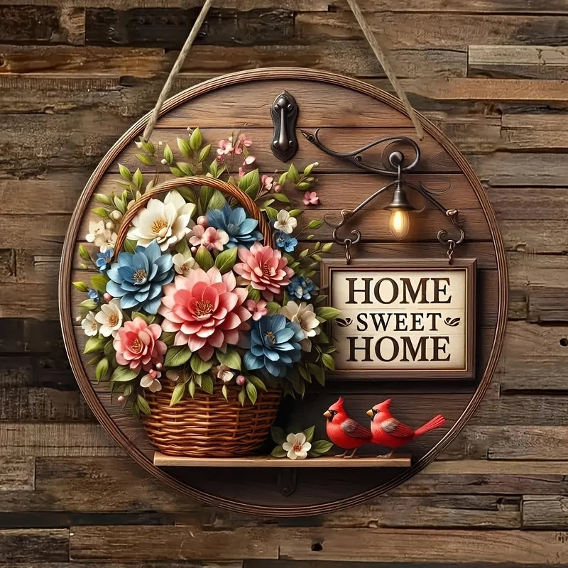 couronne décorative rustique fleurs feuilles oiseaux multicolore blanc rose bleu vert vintage porte maisonarrière
