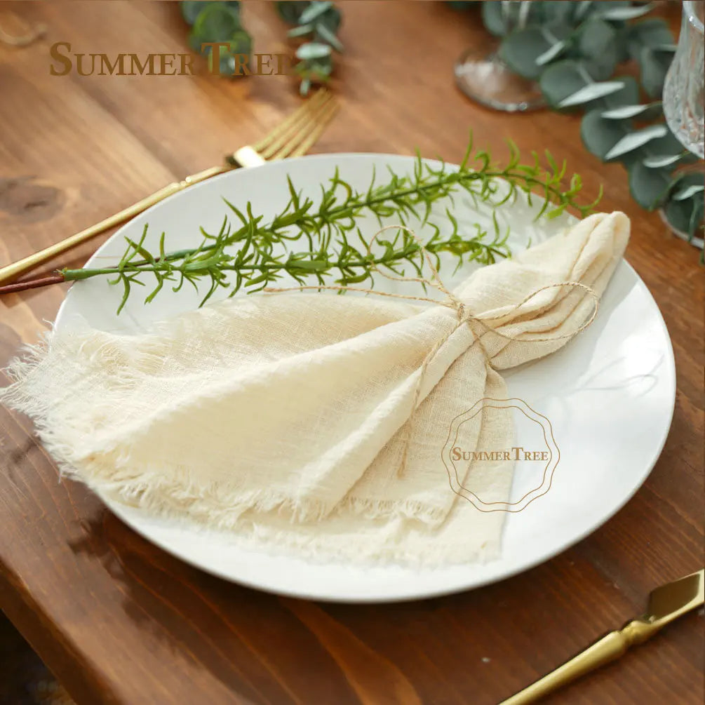 serviette coton beige rose blanc tissage fin bordures frangées rustique naturel