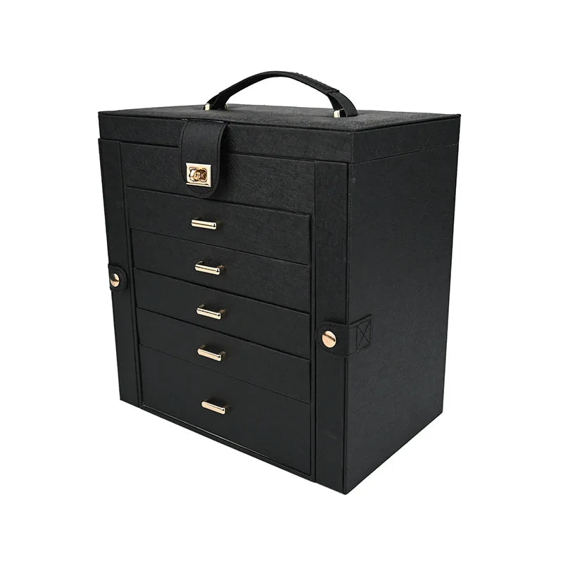 boîte bijoux simili cuir moderne noir rose blanc poignées métalliques rangements multiples velours intérieur