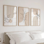 tableaux modernes minimalistes toile lignes géométriques feuilles stylisées beige noir blanc chambre salon