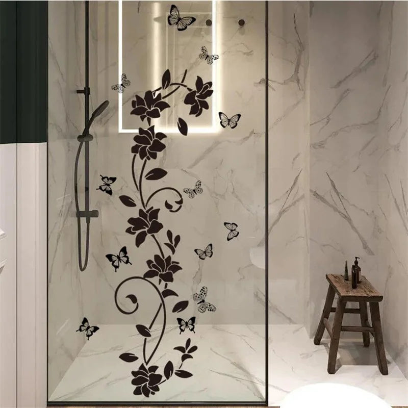 autocollant mural fleurs papillons noir vinyle floral adhésif décoration intérieure porte baignoire chambre 90x30