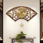 horloge murale chinoise traditionnelle asiatique ventilateur cerf floral marron doré salon