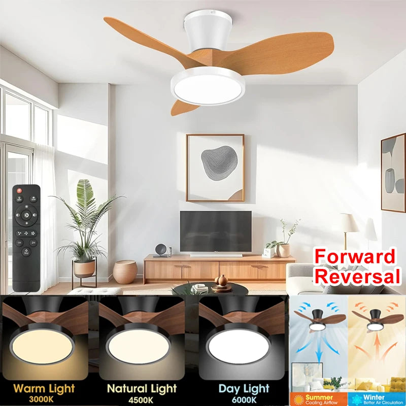 ventilateur led moderne télécommande lumière grain bois couleurs blanc marron minimaliste