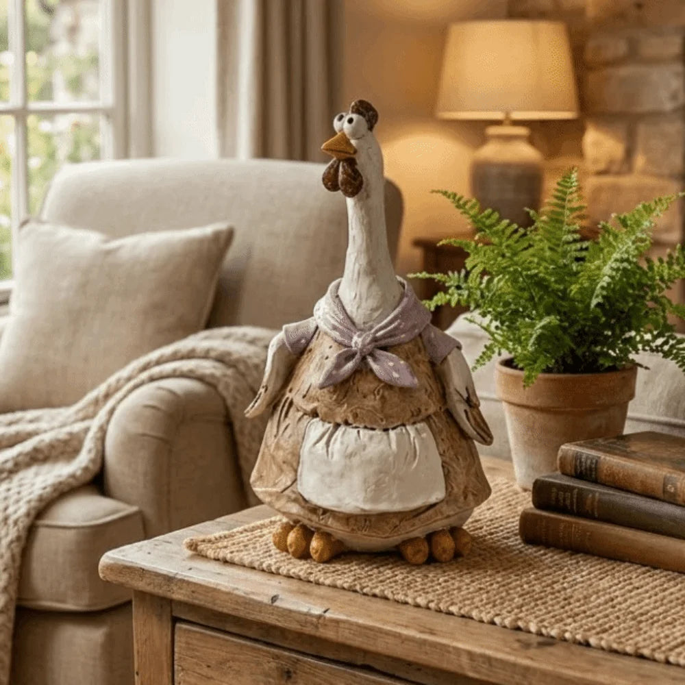 statues decoratives poules couleur blanc marron rouge aspect vieilli rustique vintage jardin decoration exterieure