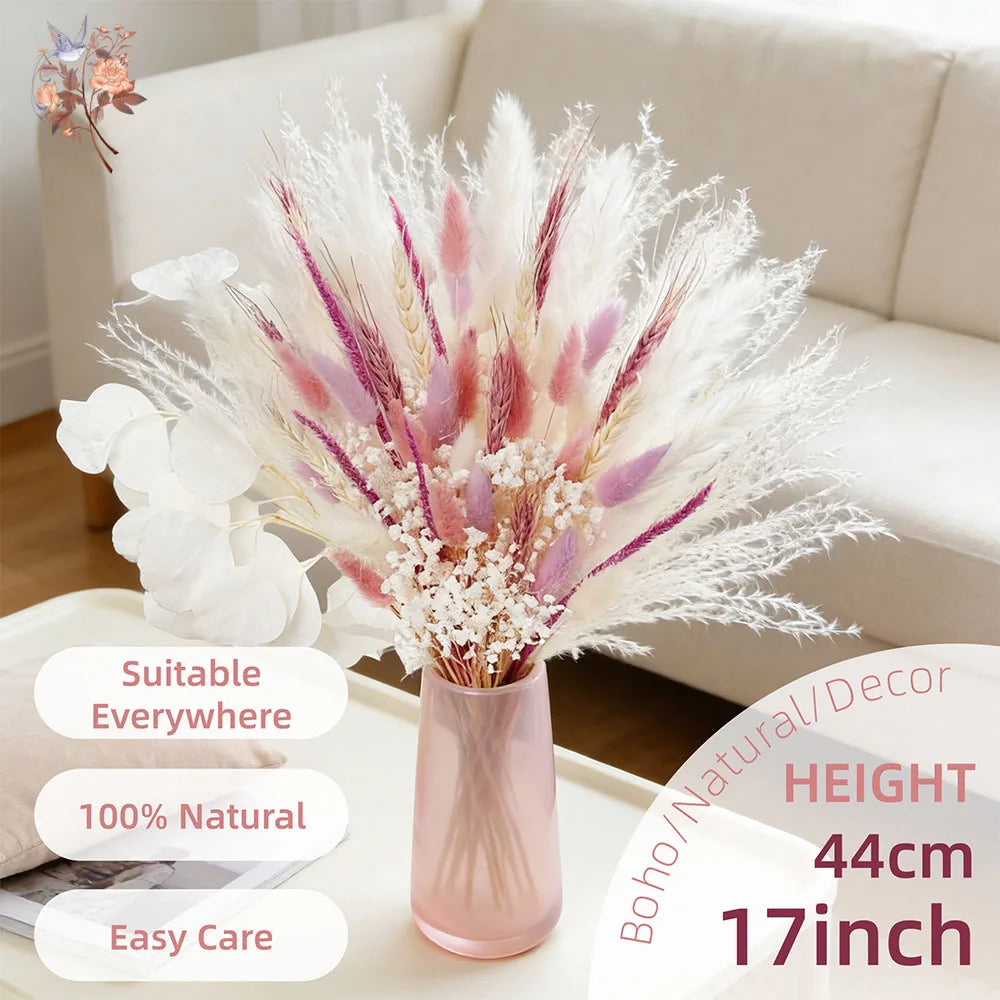 bouquet plumes graminées fleurs séchées blanc rose boho décoration intérieure anniversaire mariage