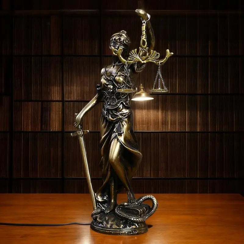 statue dorée déesse justice époque classique résine détails sculpturaux balance épée serpent décoration maison
