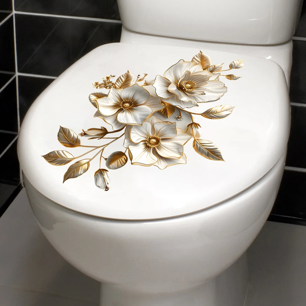 sticker mural autoadhésif plante fleurs stylisées élégant deco salle bains blanc doré PVC détachable