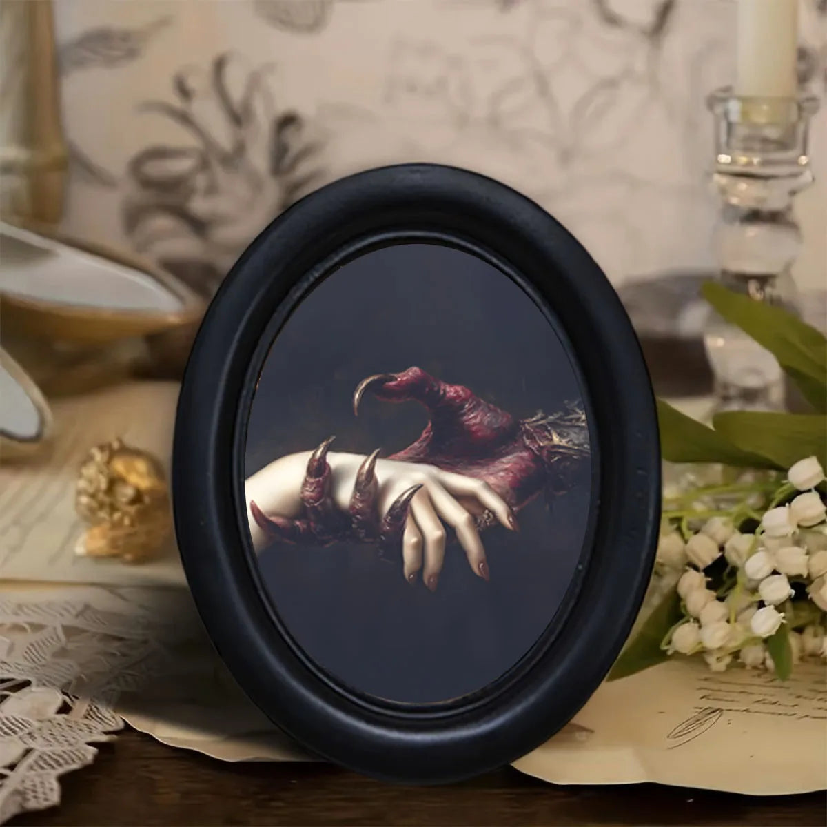 cadre photo ovale main humaine main démon noir classique gothique décoration murale dark academia