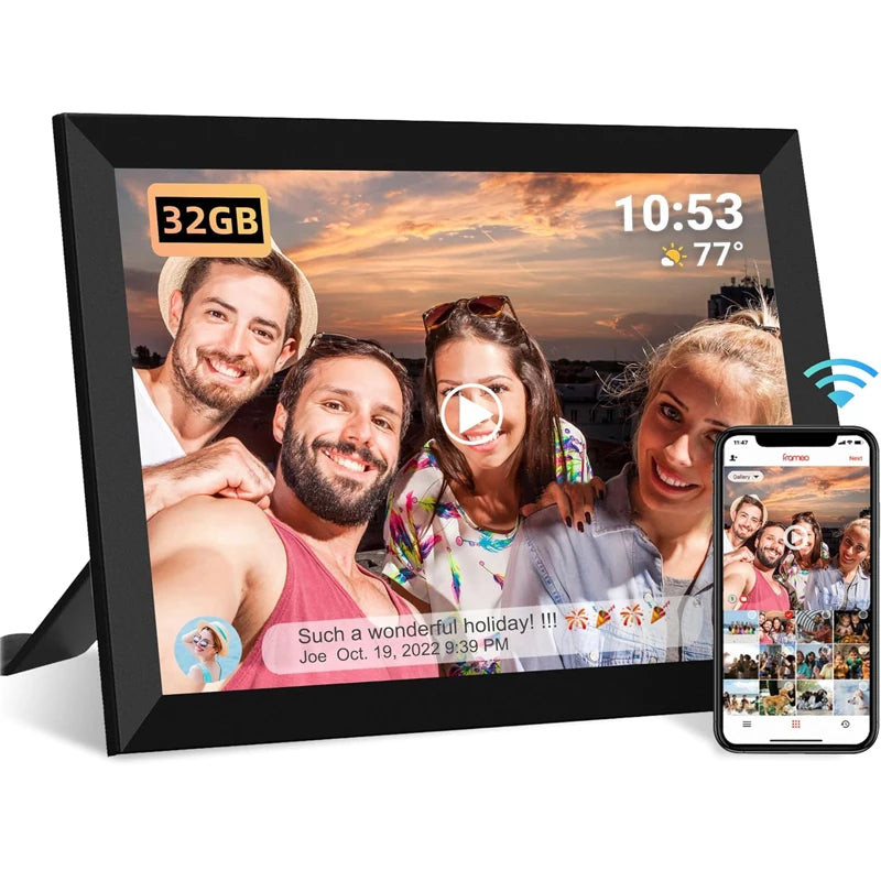 cadre photo numerique noir 10.1 pouces wifi sd carte memoire 32go touchscreen moderne