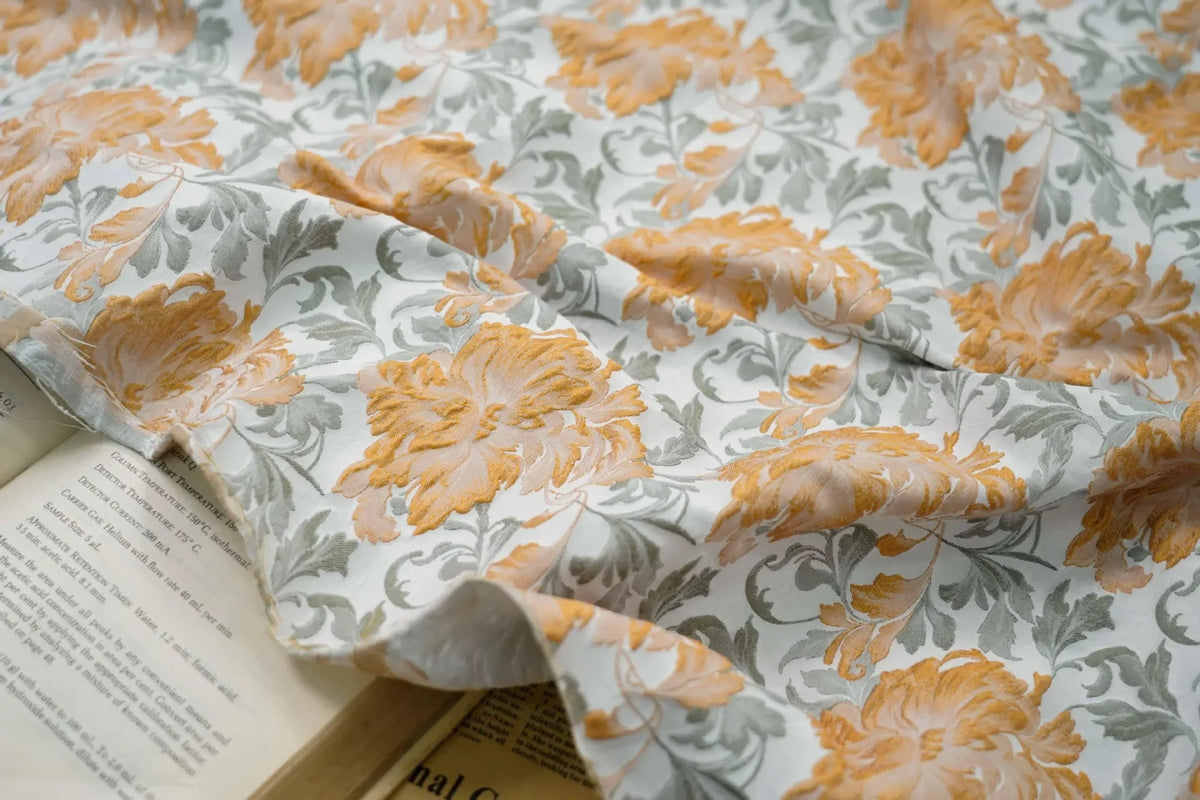 tissu imprimé fleurs grandes blanc orange gris classique vintage polyester résistant opacité bricolage couture
