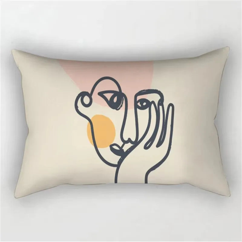 coussin rectangulaire moderne motif abstrait feuilles visages 100 polyester beige clair lit salon chambre