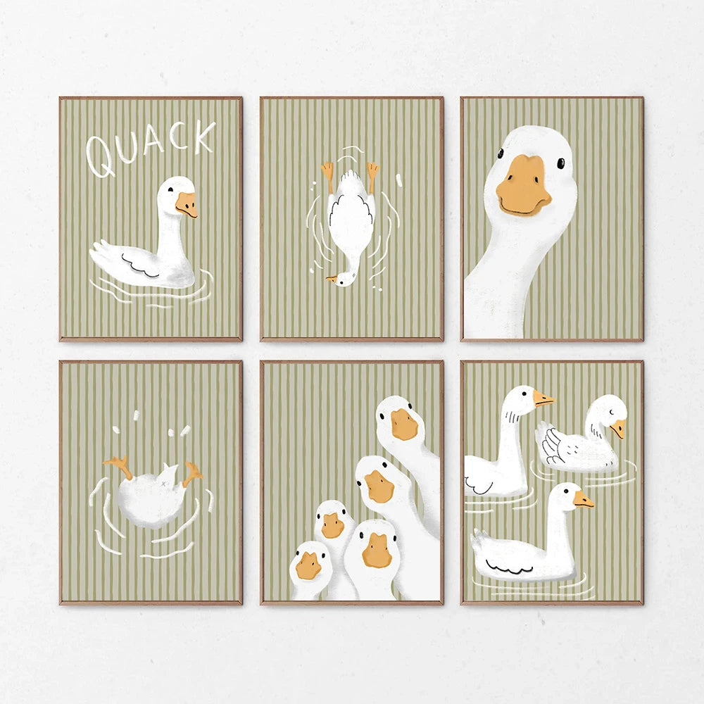 affiche canard cartoon blanc fond vert rayé décoration murale chambre enfant cadre bois doré