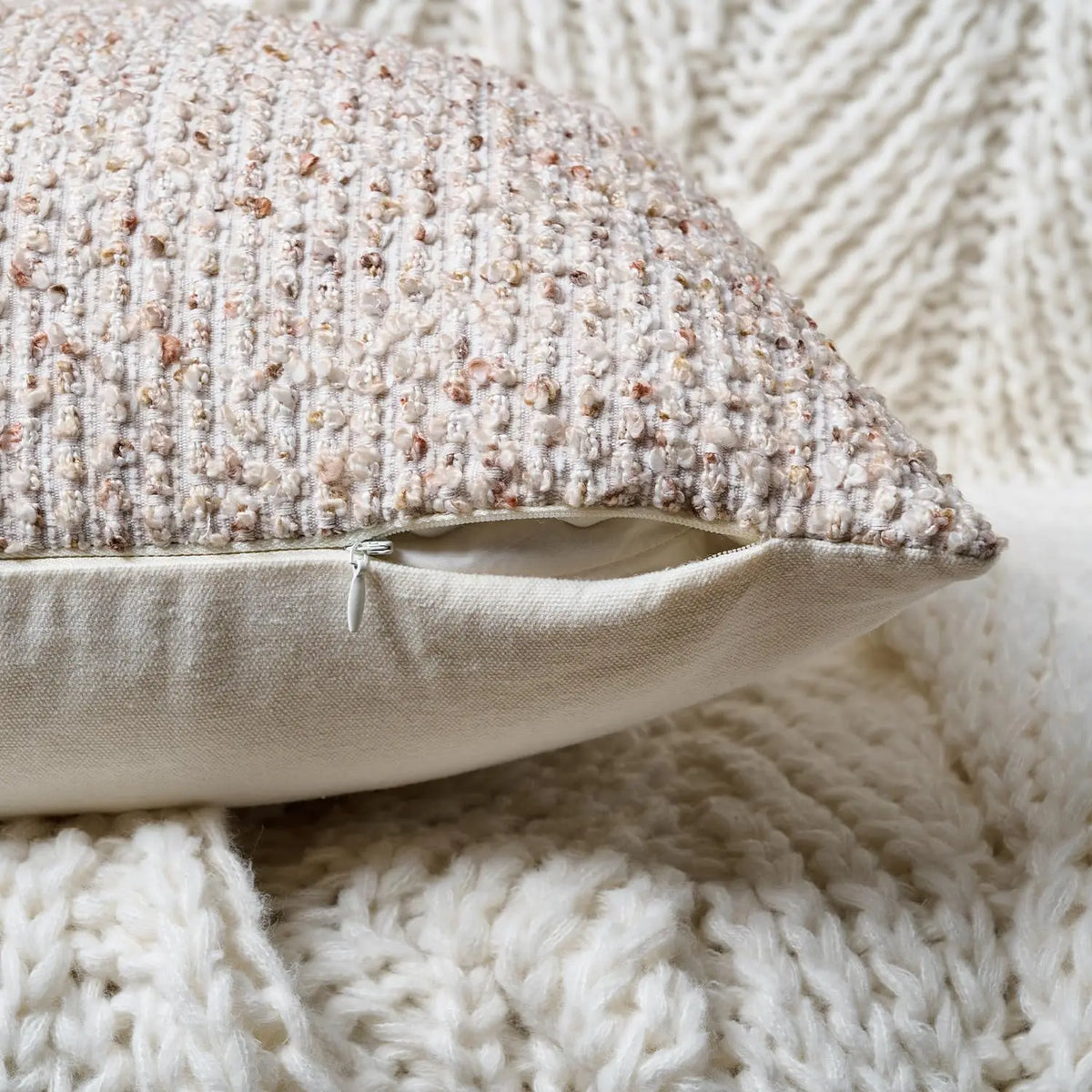 lot housses coussin carrées beige texture boucle rustique décoratif