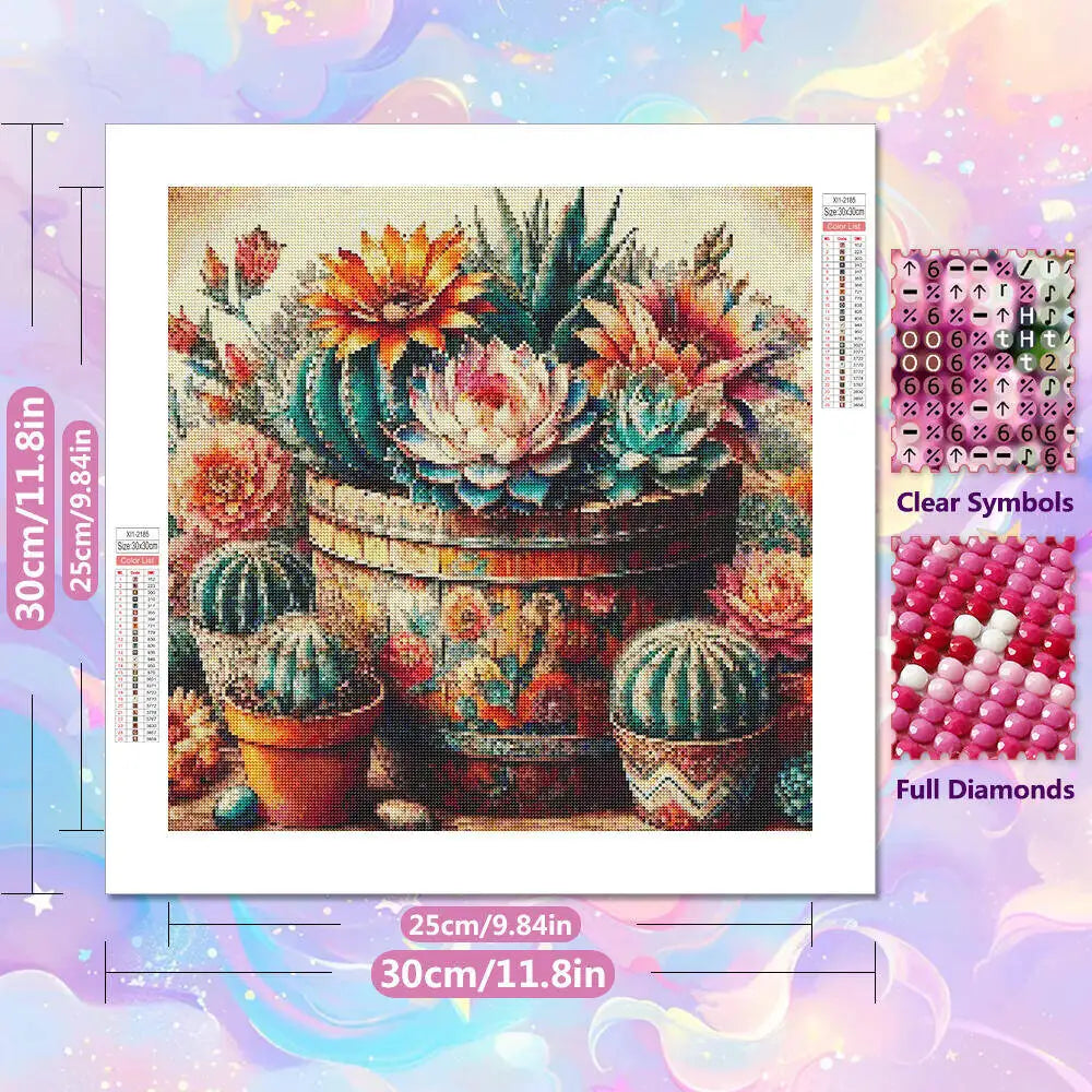 broderie diamant cactus succulentes floral vintage pots bois diamants ronds carrés kit outils adhésif
