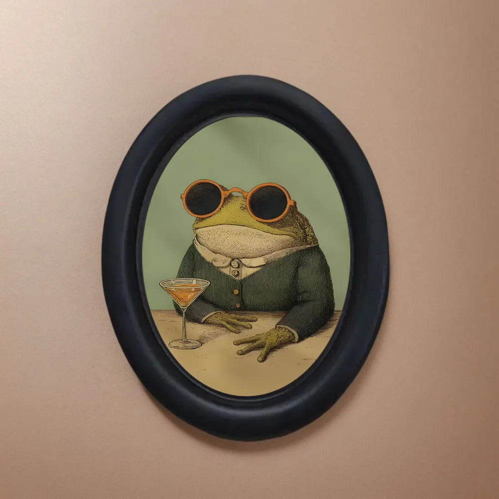 cadre photo ovale noir grenouille lunettes cocktail classique décoration amusante bar vintage gentleman unique