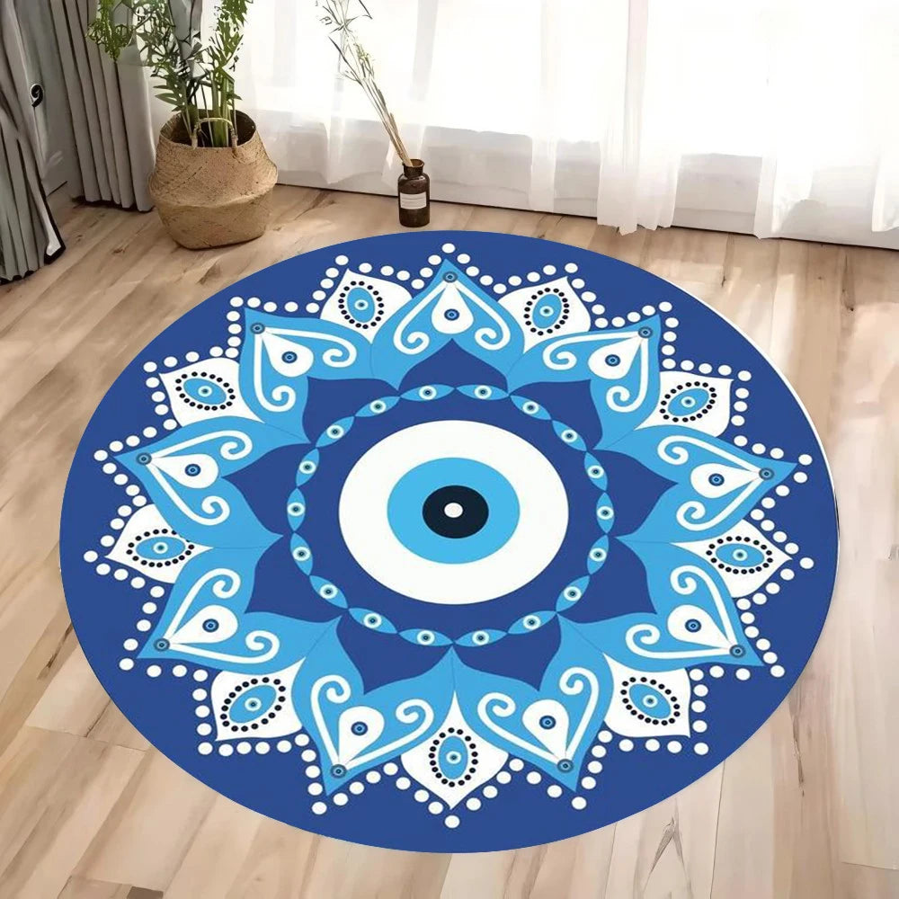 tapis moderne bleu mandala oeil turc adhésif 40x40cm 80x80cm 120x120cm salon chambre decoration